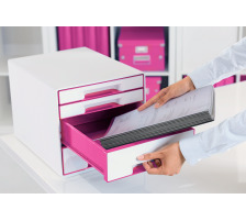 LEITZ Schubladenbox WOW Cube A4 weiss/pink, 4 Schubladen, 52132023