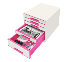 LEITZ Schubladenbox WOW Cube A4 weiss/pink, 5 Schubladen, 52142023