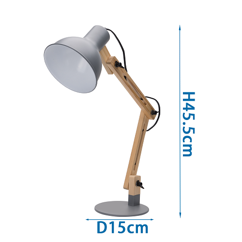 Tischlampe grau mit verstellbarem Holzrahmen, ca. 45cm, exkl. Birne (E27)